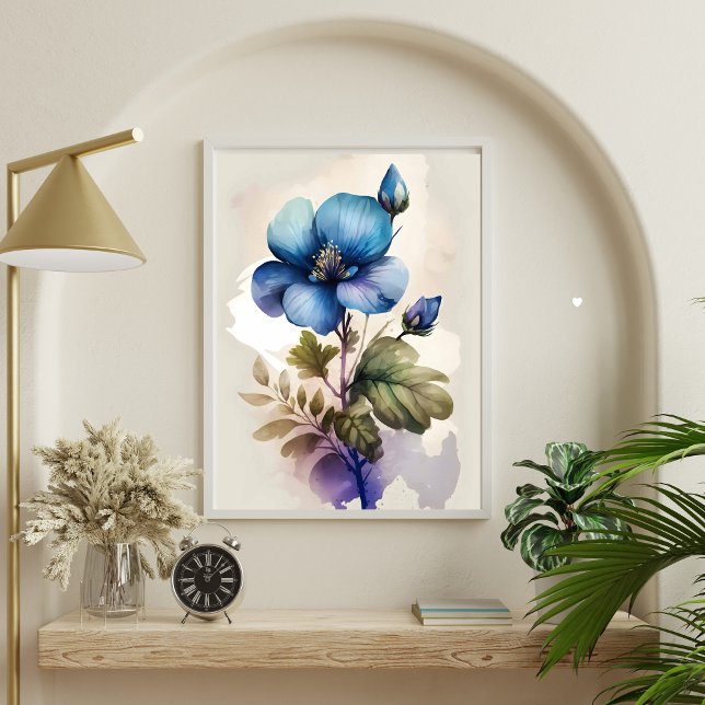 Fleurs Bleues Impression Aquarelle Art Mural Cloch (Blue Floral Flowers Watercolor Art Print Poster. Available as Digital instant download or printed)