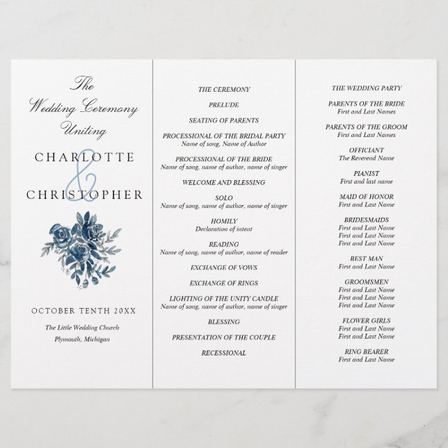 Fleurs bleues Indigo programme de mariage Tri-Fold (Devant)