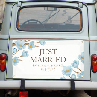 Fleurs Bleues Juste Marié Bannière voiture