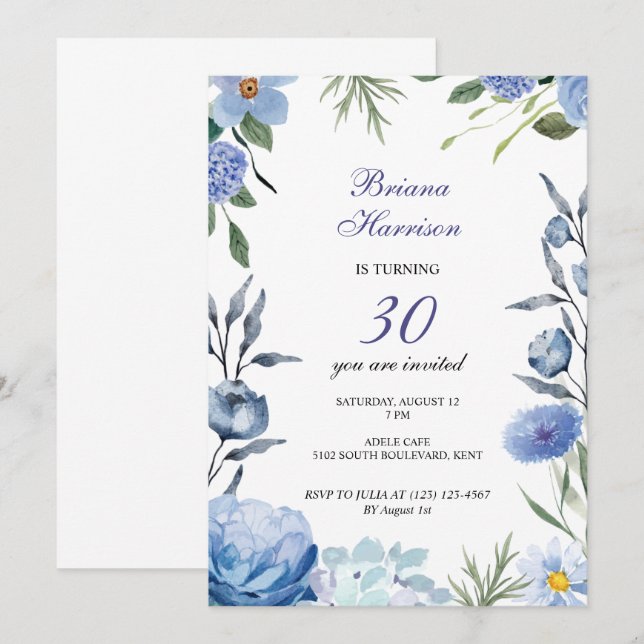 Fleurs bleues romantique invitation à fêter (Devant / Derrière)