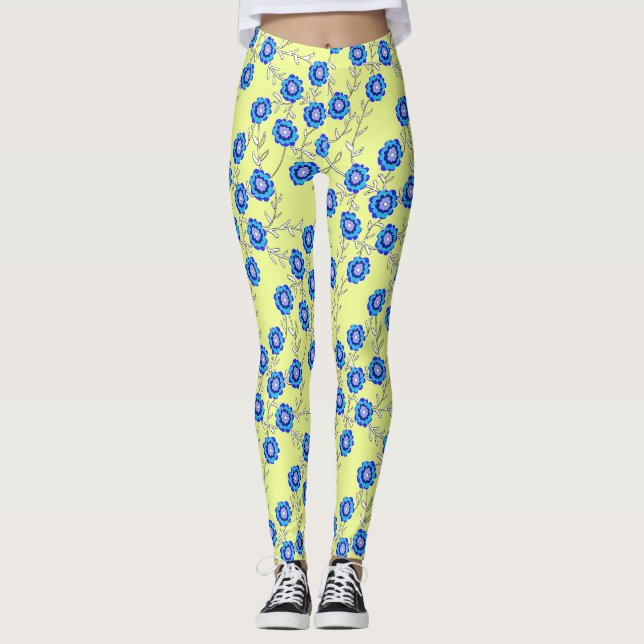 Fleurs bleues sur Leggings jaunes (Devant)