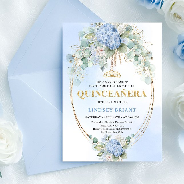 Fleurs Bleues Tendances Faire-Part De Quinceañera  (Trendy Blue Flowers Eucalyptus Quinceañera Invite)