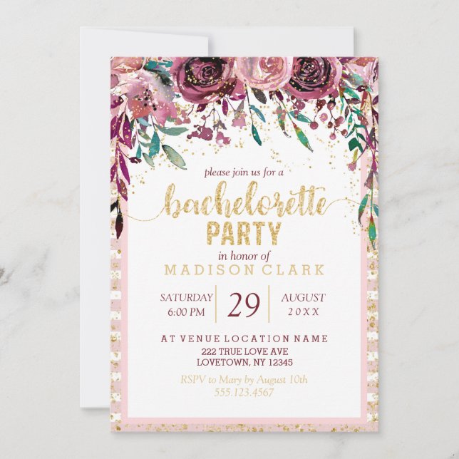 Fleurs blush Gold Bachelorette Party Invitation (Devant)