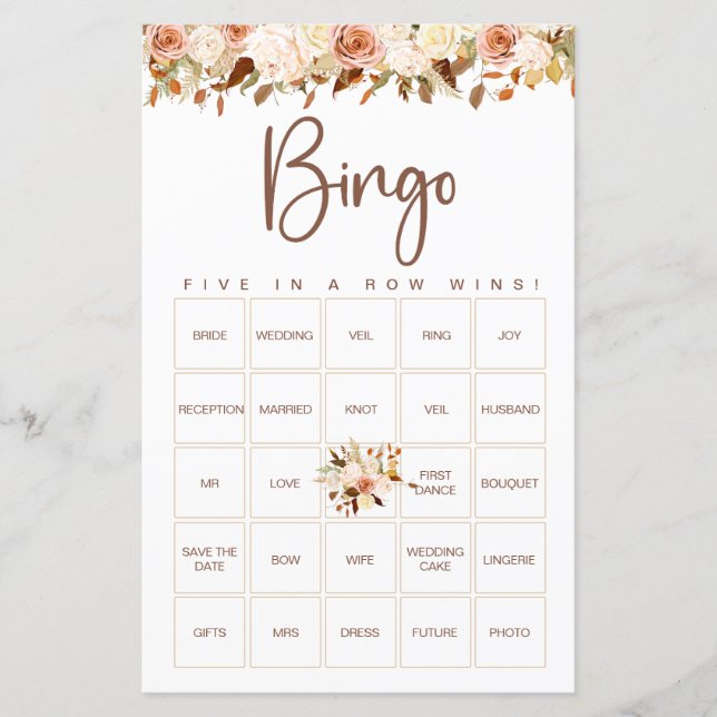 Fleurs Boho Automne | Jeu de Bingo de Mariage (Devant)