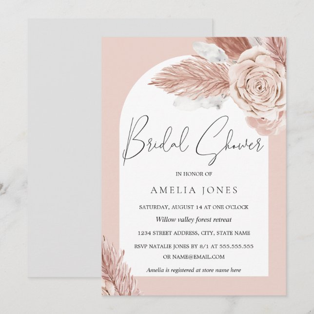 Fleurs Boho Blush Arch Invitation de douche nuptia (Devant / Derrière)