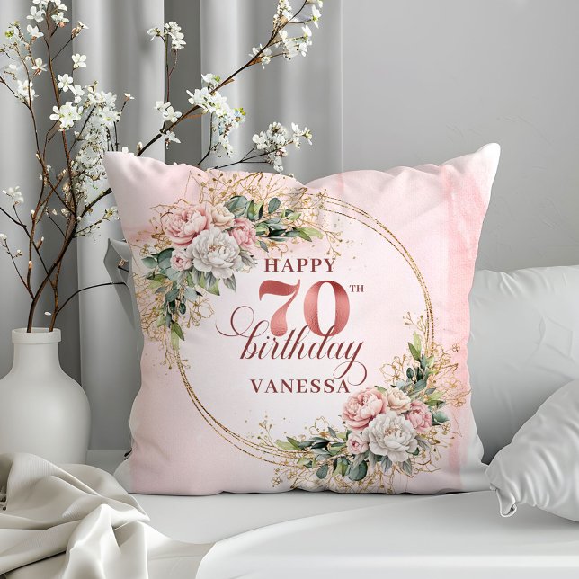 Fleurs Boho Rose Poussiéreux Coussin Or 70e Annive (Dusty Pink Boho Flowers Pillow 70th Birthday Pillow)