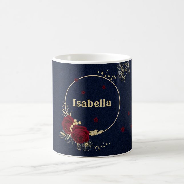 fleurs bordeaux feuilles dorées mug café bleu mari (Centre)