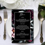 Fleurs bordeaux foncées moody menu de mariage élég<br><div class="desc">Dark moody noir élégant gothique bordeaux fleurs toutes dans une carte de menu modèle mariage,  noir bordeaux pivoines sur menu mariage arrière - plan foncé et une liste de boissons à l'arrière,  ou vous pouvez l'utiliser pour n'importe quoi d'autre à écrire</div>