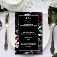 Fleurs bordeaux foncées moody menu de mariage élég