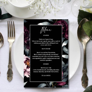 Fleurs bordeaux foncées moody menu de mariage élég