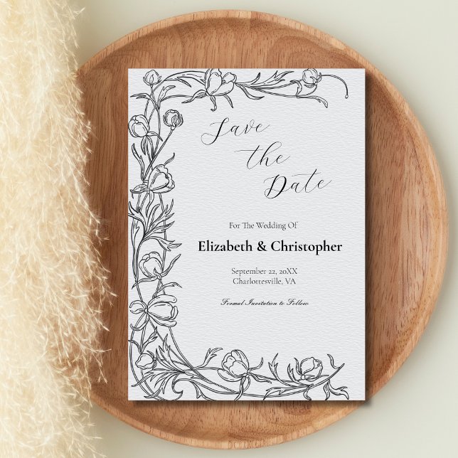 Fleurs botaniques dessinées à la main pour carte d (Black Gray Hand Drawn Botanical Leaves Flowers Wedding Save the Date Invitation Card)