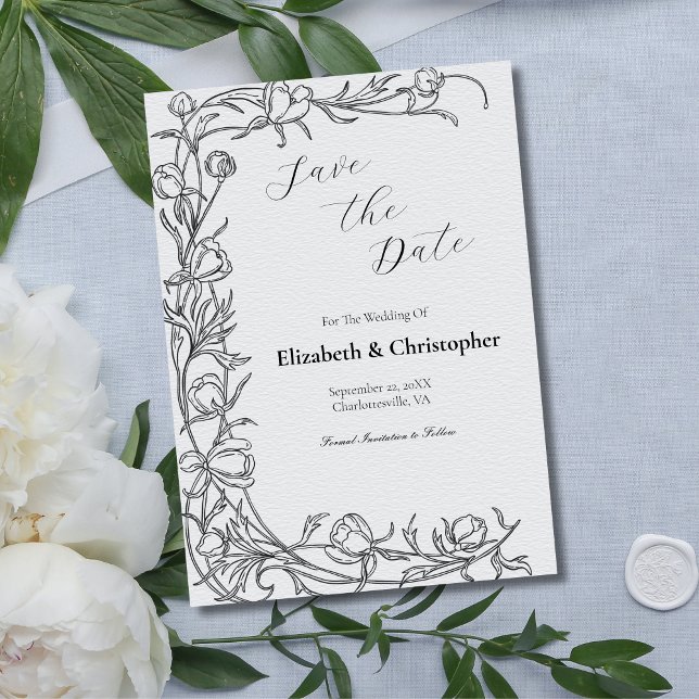 Fleurs botaniques dessinées à la main pour carte d (Gray Black Hand Drawn Floral Botanical Wedding Save the Date Card)