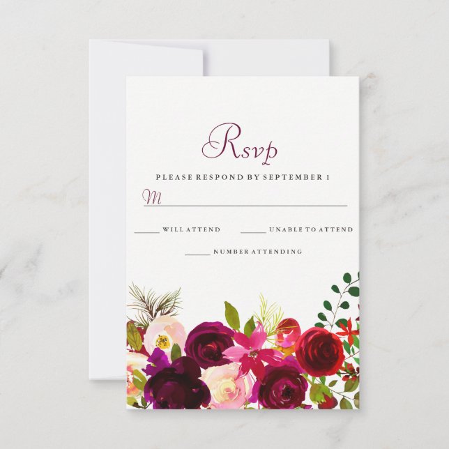 Fleurs Bourgogne Floral Mariage élégant RSVP (Devant)
