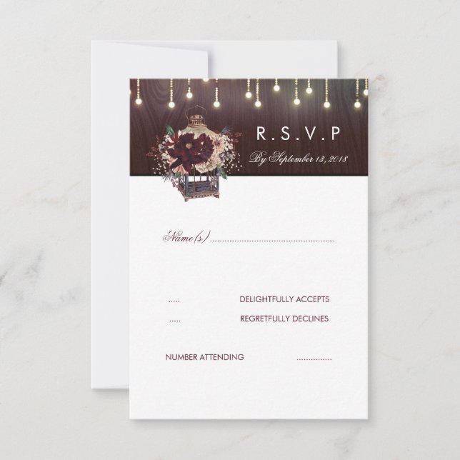 Fleurs Bourgogne Lanter Mariage Rustique Carte RSV (Devant)