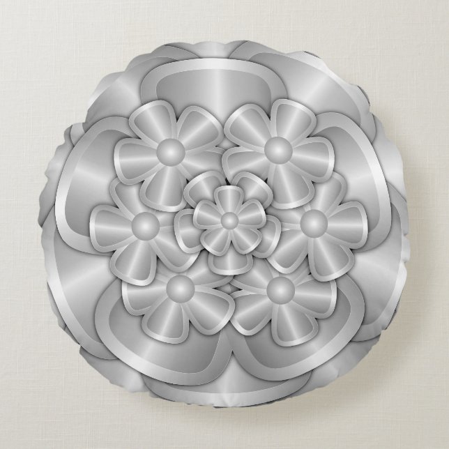 Fleurs Chrome - Coussin Argent Rond (Devant)