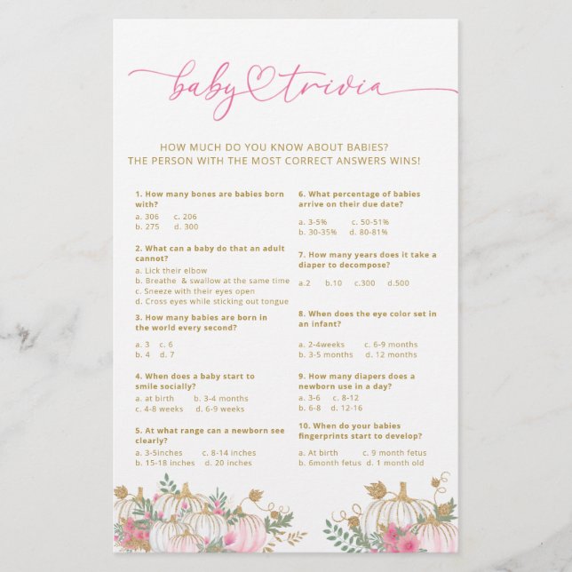 Fleurs Citrouilles roses Baby Trivia Jeu (Devant)