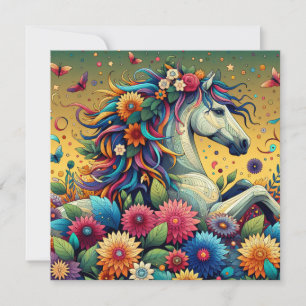 Fleurs colorées assez fantaisistes et cheval blanc