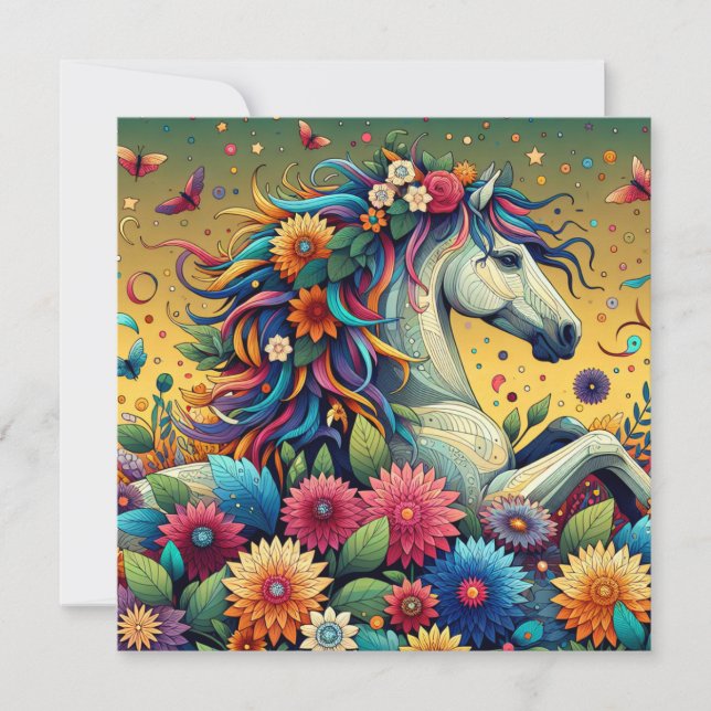 Fleurs colorées assez fantaisistes et cheval blanc (Devant)