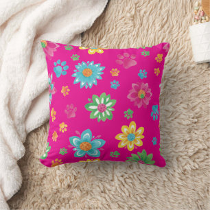 Fleurs colorées et Empreintes de pattes Coussin