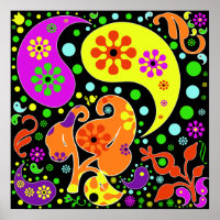 Fleurs colorées funky Retro Paisley Hippie Poster