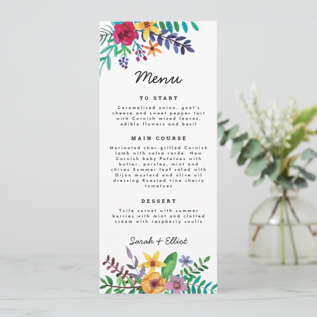 Fleurs colorées Menu plat Mariage (Debout devant)