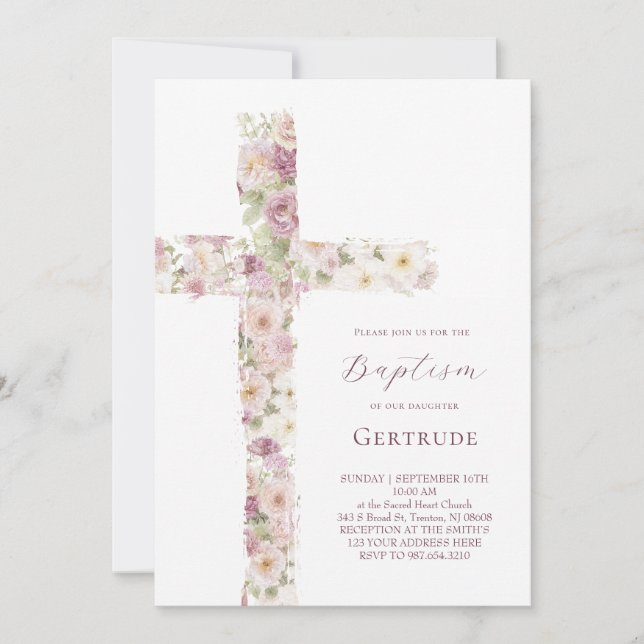 fleurs croix Baptême fille Invitation (Devant)