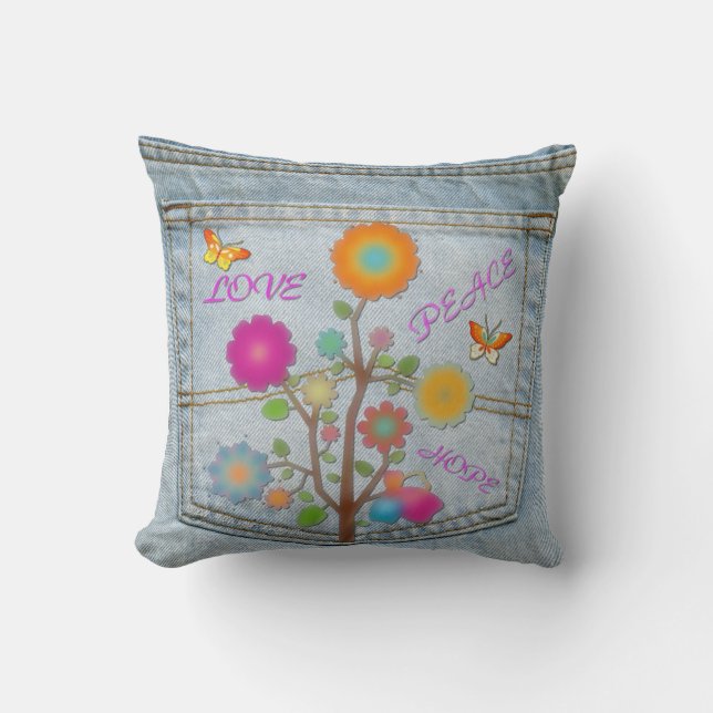 Fleurs dans la poche arrière en denim Coussin Paix (Recto)