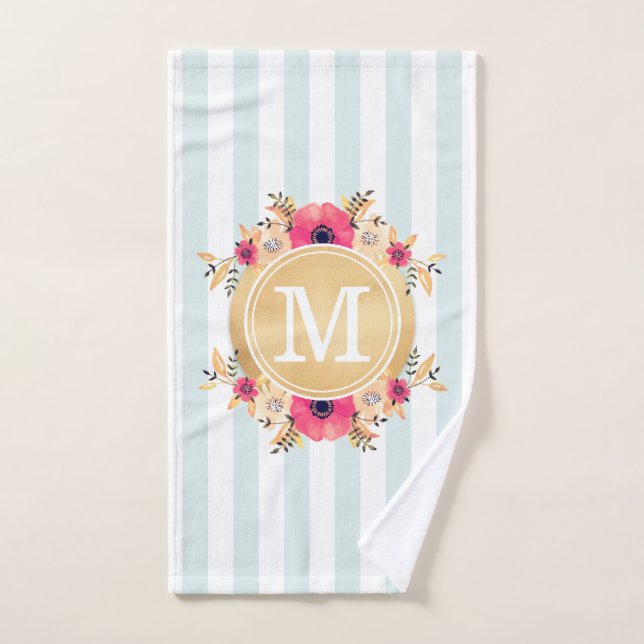 Fleurs d'aquarelle à la menthe Faux or Monogramme (Serviette à main)
