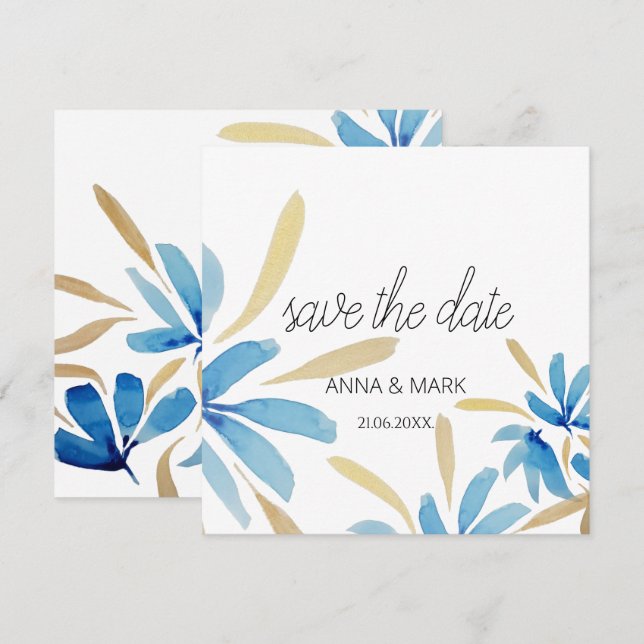Fleurs D'Aquarelle Bleu Clair Et Or (Devant / Derrière)