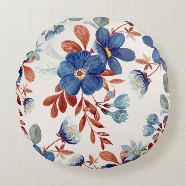 Fleurs d'aquarelle bleu Coussin rond (Devant)
