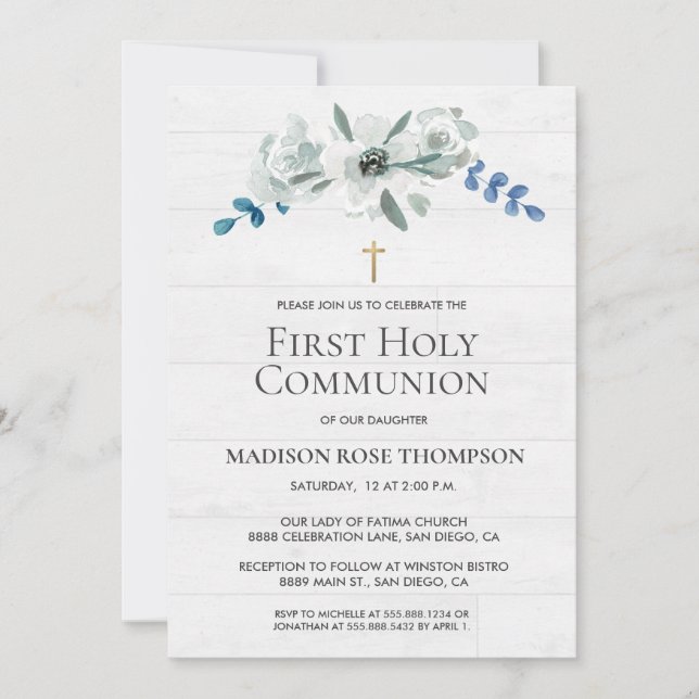 Fleurs d'aquarelle Croix d'or 1ère Sainte Communio (Devant)