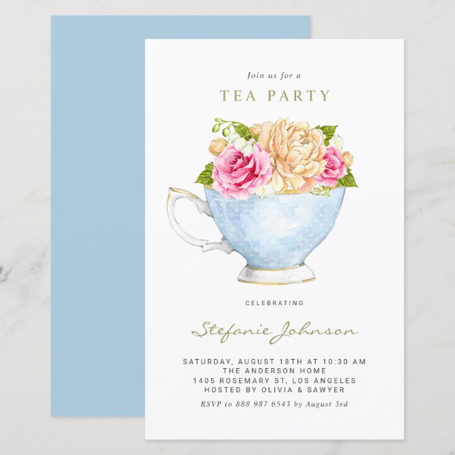 Fleurs d'aquarelle dans Teacup Tea Party Invitatio (Devant / Derrière)