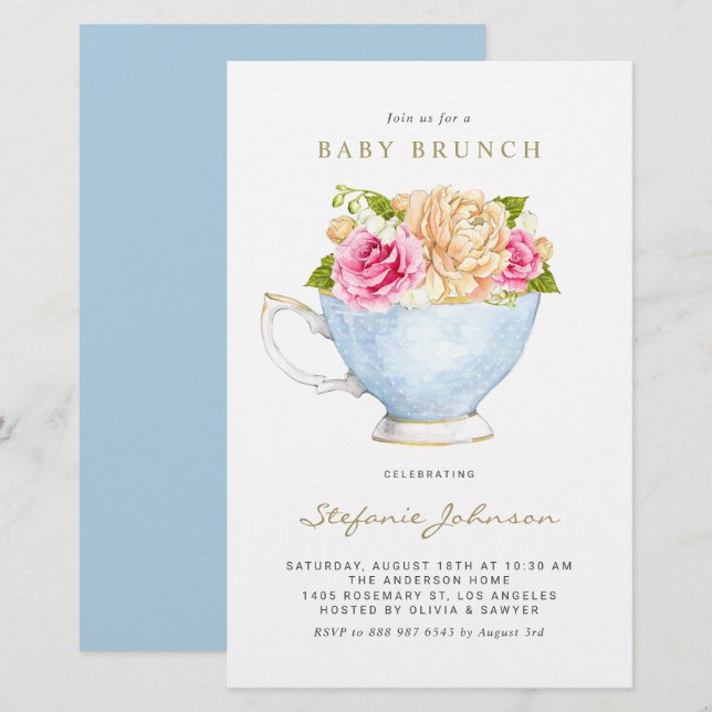 Fleurs d'aquarelle en Teacup Baby Brunch Invitatio (Devant / Derrière)