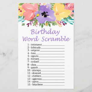 Fleurs d'aquarelle JEU D'ANNIVERSAIRE WORD SCRAMBL