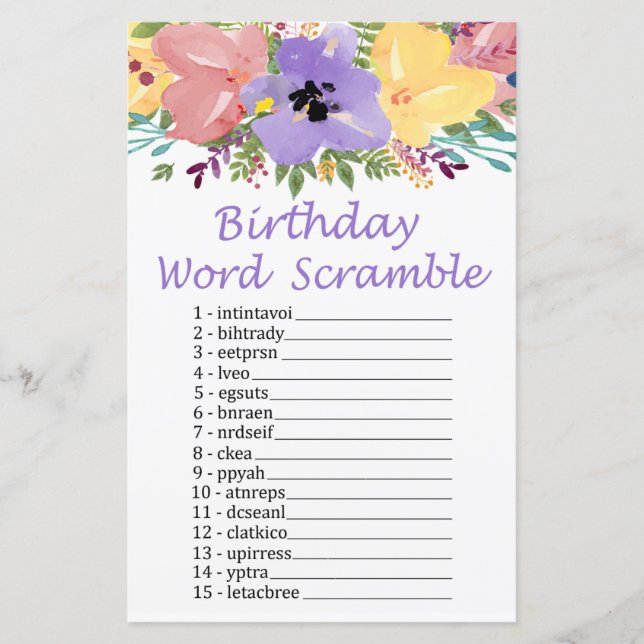 Fleurs d'aquarelle JEU D'ANNIVERSAIRE WORD SCRAMBL (Devant)