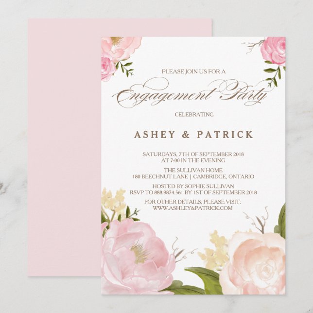 Fleurs d'aquarelle romantique Invitation Fiançaill (Devant / Derrière)