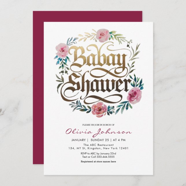 Fleurs d'aquarelle rose Baby shower Invitation (Devant / Derrière)