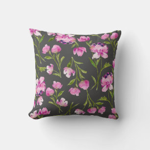 Fleurs d'aquarelle rose sur oreiller gris