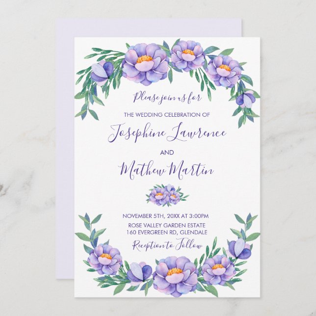Fleurs d'aquarelle violet Invitations de mariage (Devant / Derrière)