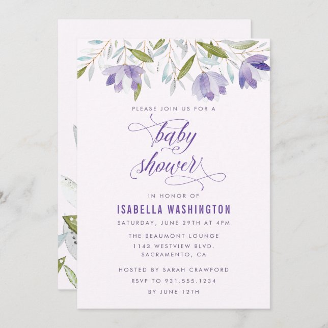 Fleurs d'aquarelle violette Invitation Baby shower (Devant / Derrière)