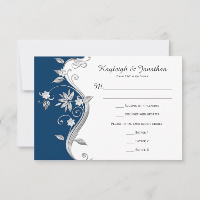 Fleurs d'argent blanc bleu marine Ornate RSVP (Devant)