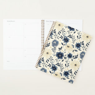 Fleurs d'art populaire vintage bleu marine beige