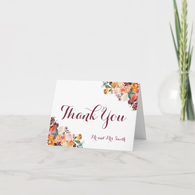 Fleurs d'automne pliées Merci Cartes, Maroon orang (Devant)