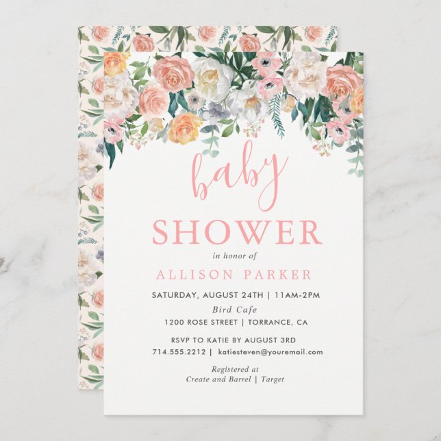 Fleurs de Blush romantiques Invitation Baby shower (Devant / Derrière)