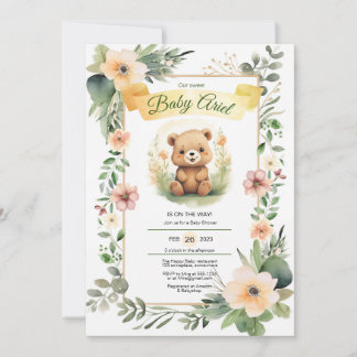 Fleurs de bois mignon ours invitation baby shower