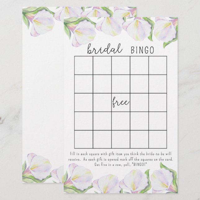 Fleurs de calla - jeu de bingo pour une baby showe (Devant / Derrière)