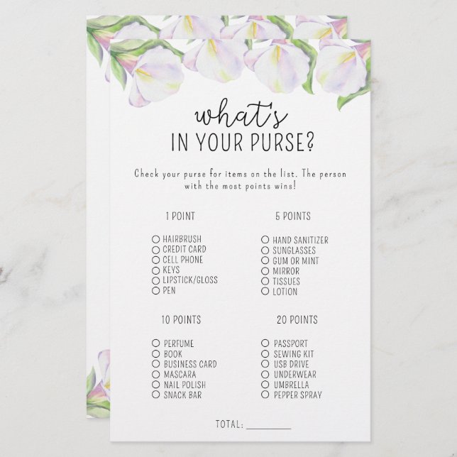 Fleurs de Calla - Qu'y a-t-il dans votre sac à mai (Devant / Derrière)