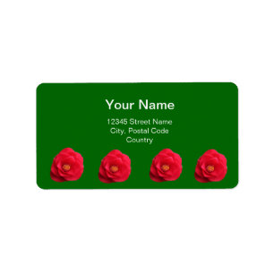 fleurs de camélia rouge étiquette de adresse vert