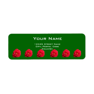 fleurs de camélia rouge étiquette de adresse vert