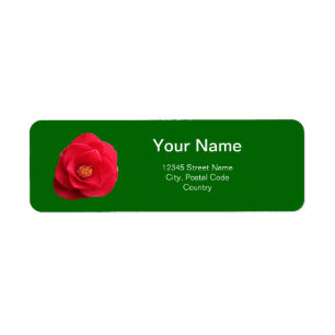 fleurs de camélia rouges étiquette d'adresse verte